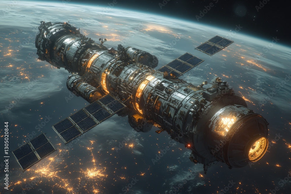Aufkleber spaceship orbiting earth showcasing solar panels and illuminated structures during nighttime