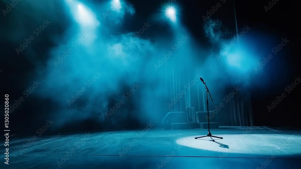 Poster stage with microphone in dramatic lighting and haze creating a suspenseful atmosphere before perform