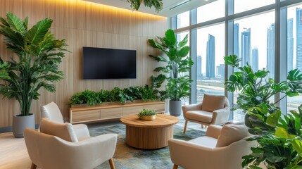 Fototapeta premium Modern office lounge area with city view