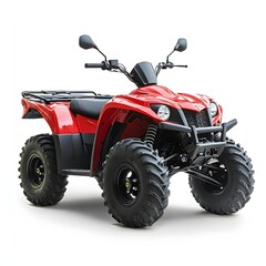 Fototapeta premium A vibrant red ATV, ready for off-road adventures. Powerful engine and rugged tires 3d Transportation isolated in white background. Powerful Red ATV: Off-Road Adventure Machine
