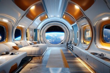 Obraz premium Futuristic hotel room with stunning view of Earth from space