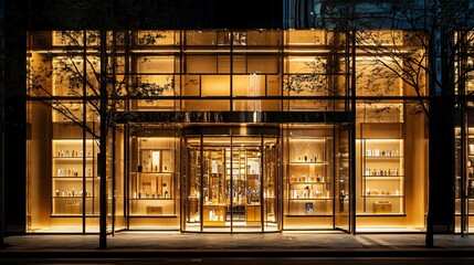 Luxurious Boutique Store Front at Night, Golden Facade and Illuminated Display Windows