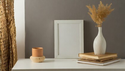 A white frame rests beside a sleek vase with pampas stems and stacked books on a neutral surface. Soft, diffused lighting and minimal design evoke calm, stylish vibes and warmth in a serene interior