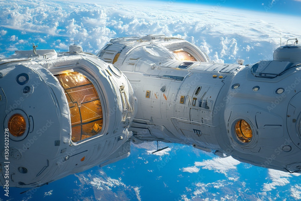 Poster Exploring the advanced design of a space station orbiting Earth surrounded by clouds in a brilliant blue atmosphere