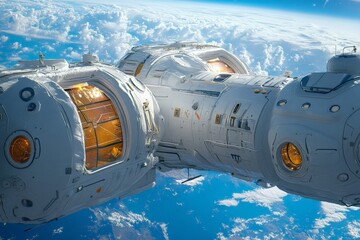 Exploring the advanced design of a space station orbiting Earth surrounded by clouds in a brilliant blue atmosphere