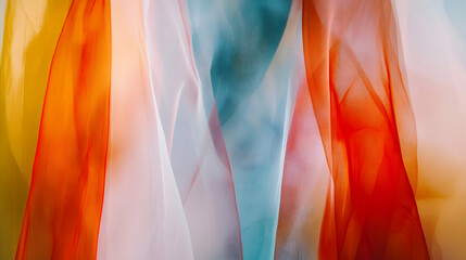 Fototapeta premium Sheer fabric layers in vibrant hues dance gently in the breeze under bright sunlight