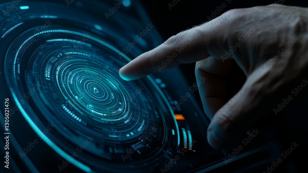 Poster closeup of fingertip gently touching digital screen exploring the tactile interface of modern techno