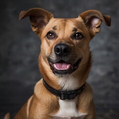 Obraz premium Happy Mixed-Breed Pup: Adorable Portrait on Black Background with Geometric Light for Canine Lovers