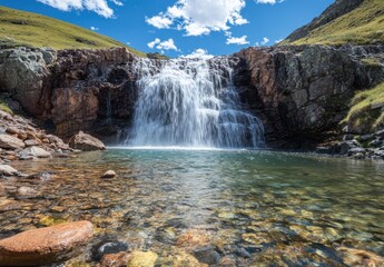 Serene Mountain Waterfall Surrounded by Lush Greenery and Clear Blue Sky under Bright Sunlight with Natural Rocky Terrain and Sparkling Stream