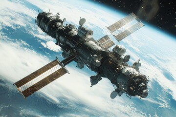 Fototapeta premium Exploring the vastness of space with a detailed view of a space station orbiting Earth