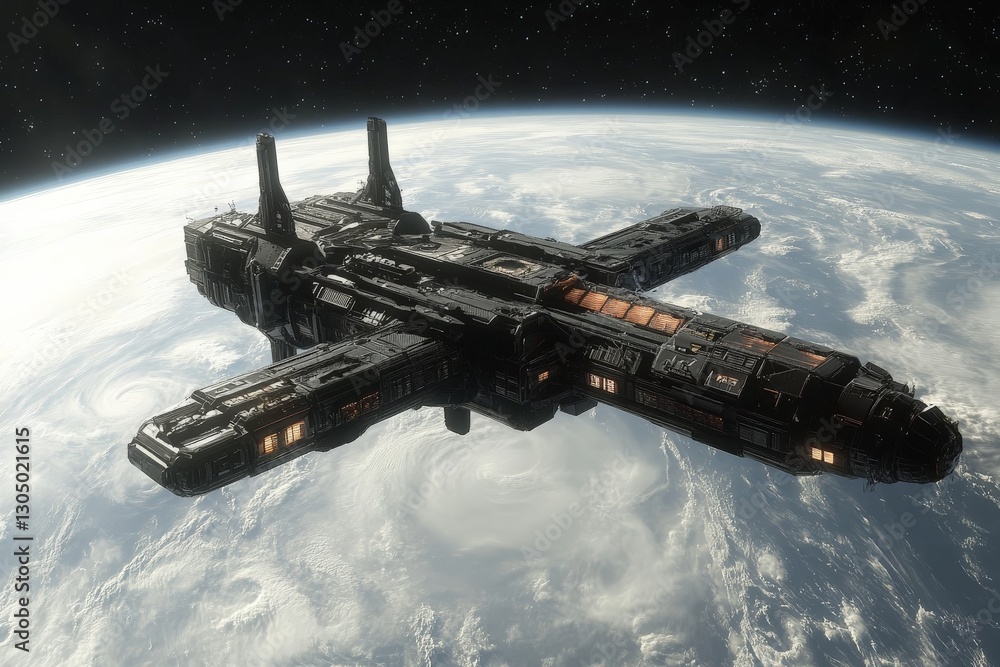 Poster spaceship orbits earth while observing a massive storm in the atmosphere during a clear moment in sp