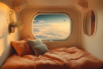 Cozy bedroom in a spacecraft with a stunning view of Earth and outer space during sunset