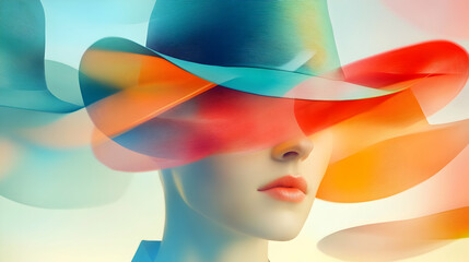 Vibrant colors blend around a figure wearing a stylish hat, evoking mystery and allure