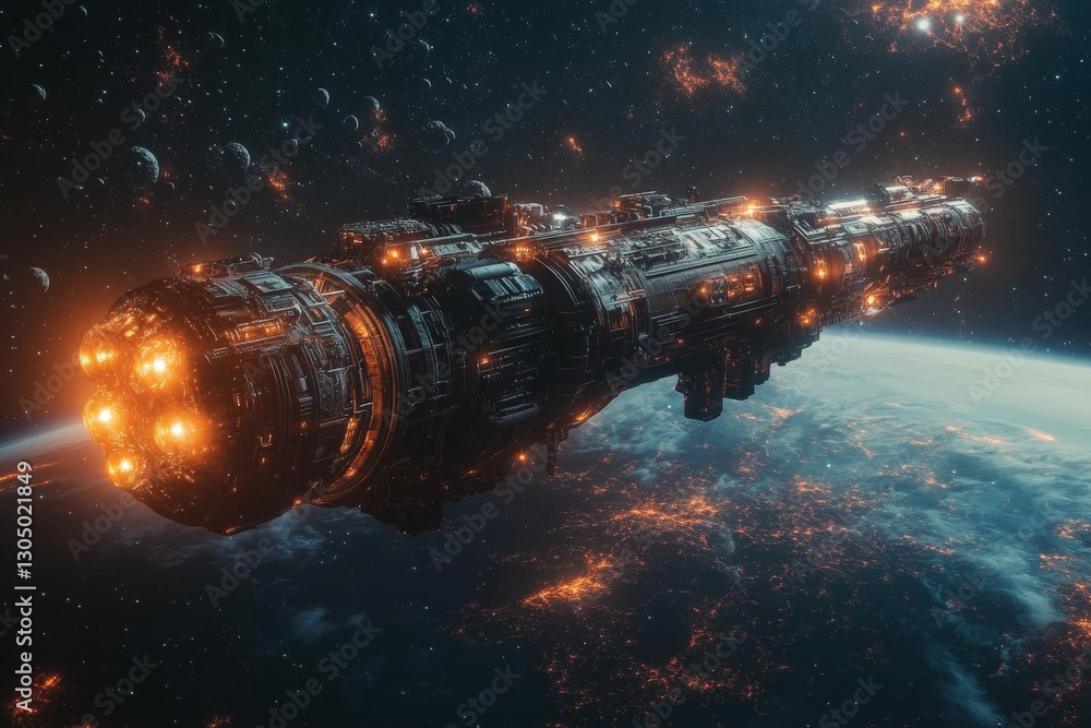 Aufkleber spaceship explores distant galaxy with glowing engines in the vastness of space