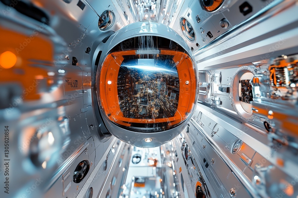 Poster astronaut exploring a futuristic spacecraft corridor views earth from the window at night