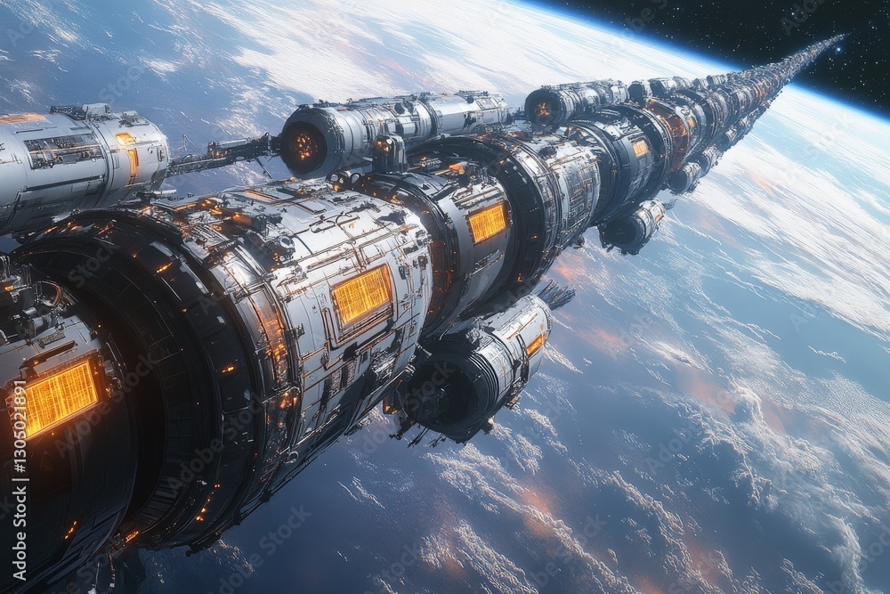 Poster Space station structure depicted in low Earth orbit showcasing advanced technology and intricate design