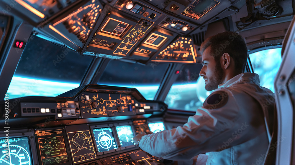 Poster this passenger in a spaceplane suit glides through suborbital space, enjoying stunning views.