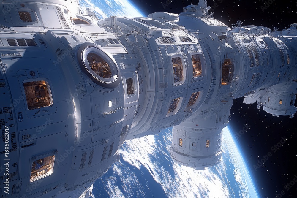 Poster space station orbiting earth with detailed architecture and vibrant planet surface visible below dur