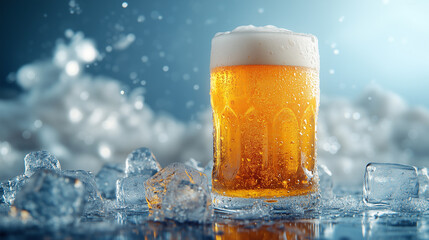 Ice cold beer in the rays of light - A glass of carbonated beer covered with drops of condensation is surrounded by pieces of ice against a background of blurred highlights..