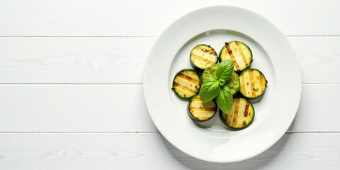 Aromatic Grilled Zucchini Rounds with Fresh Basil and a Zesty Green Sauce on a White Plate