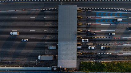 Aerial view gate for expressway fee payment in the city.	
