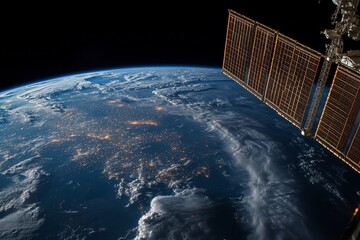 View of Earth from the International Space Station showing clouds and city lights at night
