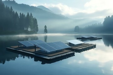 A serene view of solar panels on floating platforms in a misty lake, surrounded by majestic mountains and lush forests, highlighting renewable energy and the beauty of nature.