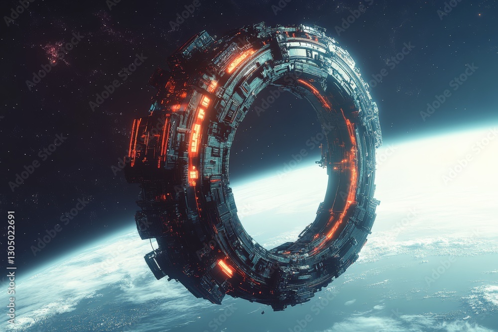 Poster Space station orbiting Earth with intricate design and glowing elements