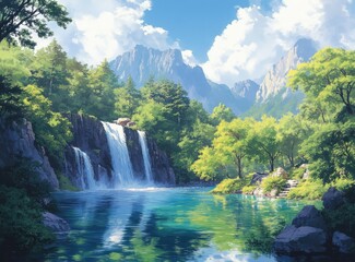 Fototapeta premium Serene Natural Landscape with Majestic Waterfall and Lush Greenery Reflecting in Tranquil Lake under Bright Blue Sky with Fluffy White Clouds