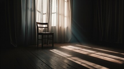 A solitary chair in a dimly lit room casting a long shadow, symbolizing emotional struggle and pain. Minimalistic scene focusing on the weight of trauma and resilience.