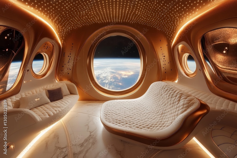 Aufkleber futuristic lounge with large windows offering views of earth from space