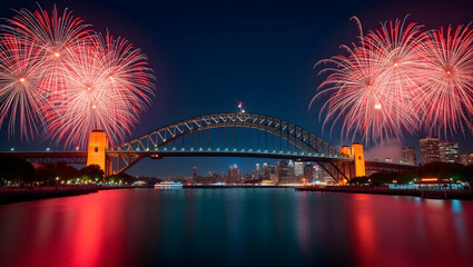 Obraz premium Iconic Sydney Harbour Bridge Framed by Vibrant Fireworks: Perfect for Australia Day Messages