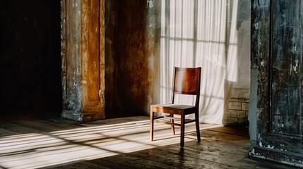 A solitary chair in a dimly lit room casting a long shadow, symbolizing emotional struggle and pain. Minimalistic scene focusing on the weight of trauma and resilience.