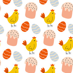 Colorful Easter-themed pattern featuring cute chicks, decorative eggs, and sweet treats in a playful arrangement
