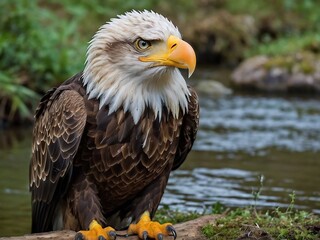 Obraz premium Majestic Bald Eagle in Nature: A Close-Up Wildlife Photography Focused on American Symbolic Birds for Conservation and Education
