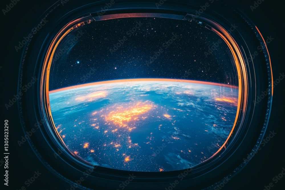 Poster stunning view of earth illuminated at night from a space capsule window
