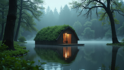Fototapeta premium Cozy floating cabin with green roof on misty lake