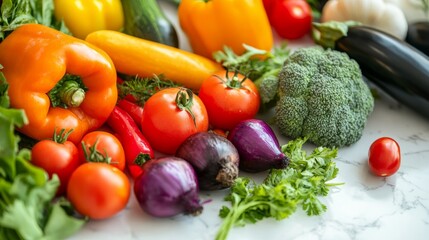 variety of colorful vegetables spread on a marble countertop, generative ai