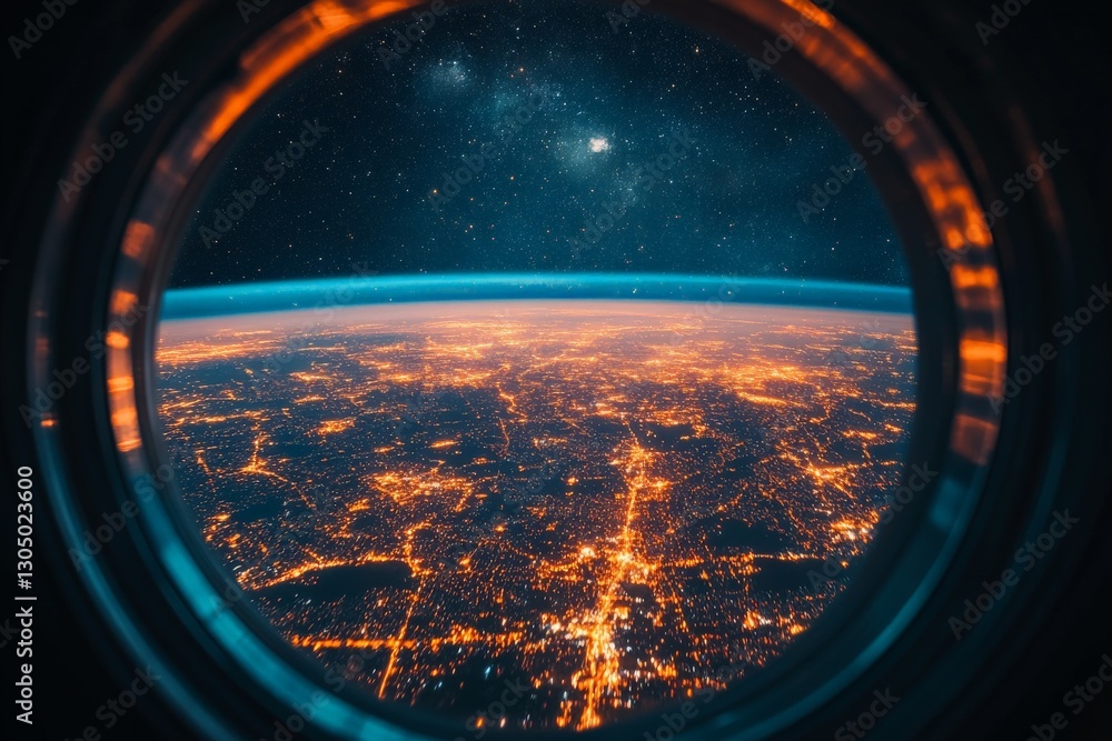 Poster view of earth from space showing illuminated cities and the curvature of the planet at night