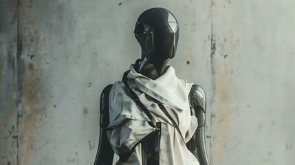 A stylish mannequin draped in a flowing white garment stands against an industrial backdrop, blending modern fashion with artistic expression