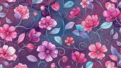 Playful pink flowers bloom against a deep, rich background.