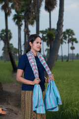 The concept of working in rice fields. Rainy season rice farmers Asian farmers work in outdoor rice fields in Asian agriculture rural workers in farms with suns