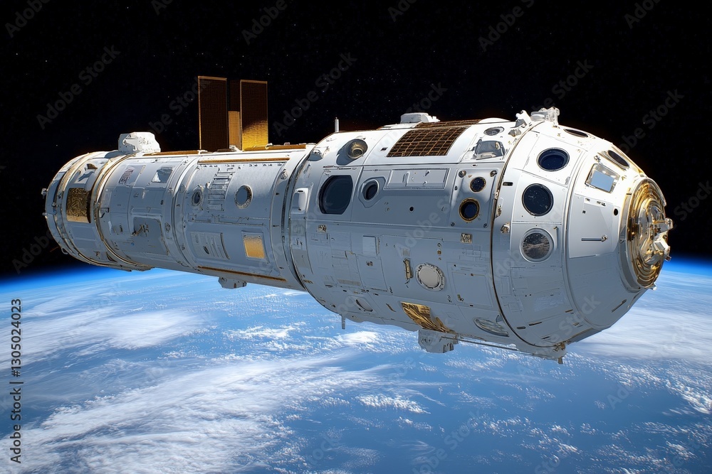 Poster advanced space module orbits earth showcasing technological achievements and scientific exploration 