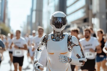 A humanoid robot is depicted running amidst a crowd in an urban marathon, showcasing advancements in technology and the future of athletic endeavors.