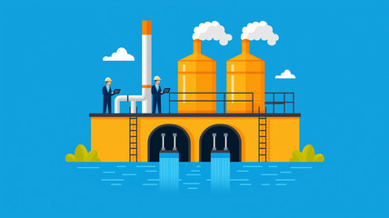 Obraz premium conceptual isometric artwork depicting industrial facility with workers, pipes, and tanks. scene conveys sense of productivity and innovation in vibrant environment