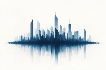 Naklejka premium Modern city skyline silhouette reflecting on calm waters at dawn with a tranquil atmosphere