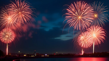 Fireworks and American flag border frame with dynamic copy space for Independence Day concept as Dynamic fireworks bursting behind the American flag framing space for Independence Day celebrations in 