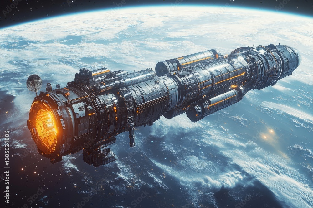 Poster spaceship orbiting earth showcasing advanced technology and intricate design in a futuristic setting