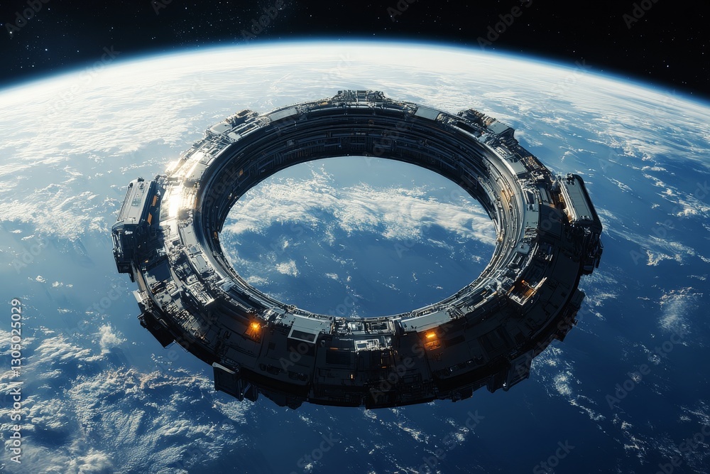 Poster large circular space station or spacecraft orbiting earth with illuminated sections in low earth orb