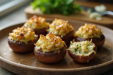 Fototapeta premium A Close up of a Plate of Stuffed Mushrooms on a Table - Generative AI